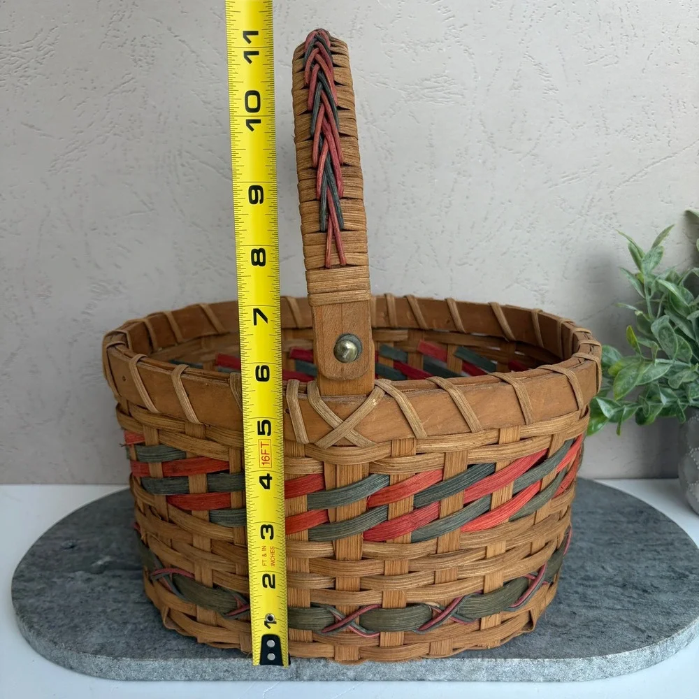 Vintage Style Woven Splint Oval Basket with Handle Red and Green Accents